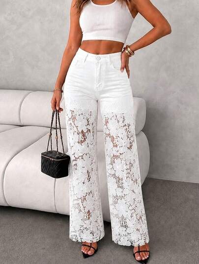 White high-waist straight jeans with cut-out lace patchwork at SHEIN
