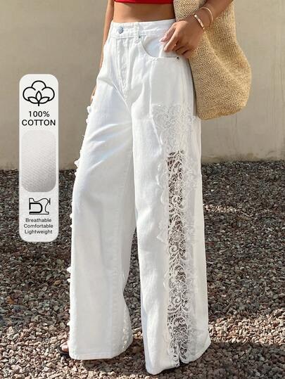 White wide-leg jeans with lace patchwork at SHEIN