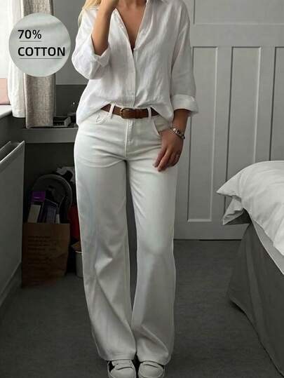 White high-waist straight loose wide-leg cotton jeans at SHEIN