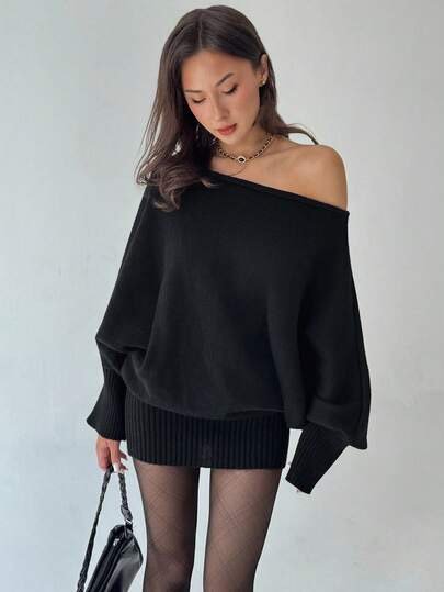 Black asymmetric one-shoulder long-sleeve fitted bodycon knit sweater mini dress at SHEIN