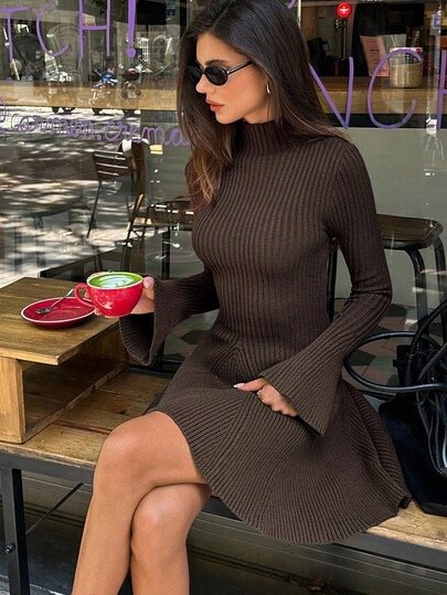 Dark brown ribbed bodycon mini knit dress with bell sleeves at SHEIN