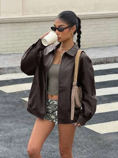 Brown drop-shoulder zip-up faux-leather bomber jacket at SHEIN