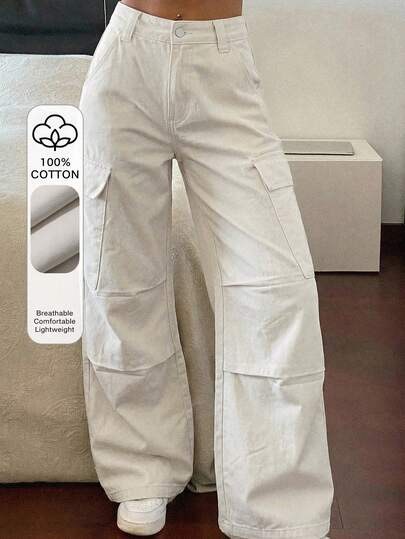 Beige wide-leg cargo pants at SHEIN