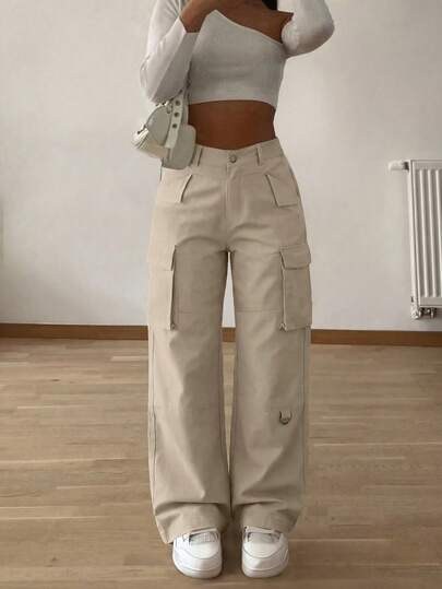 Beige wide-leg cargo pants with elastic waist at SHEIN