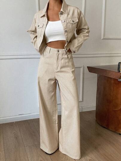 Beige striped high-waist wide-leg pants and short jacket set at SHEIN