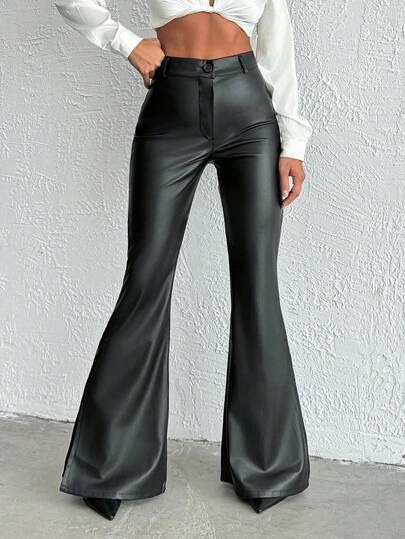 Black high-waisted flared faux-leather pants at SHEIN