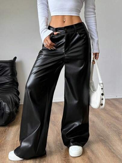 Black straight faux-leather leisure pants with pockets at SHEIN