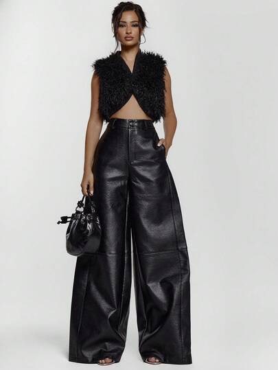 Black faux-leather wide-leg pants at SHEIN