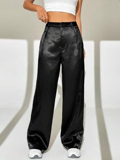 Black satin high-waisted wide-leg trousers at SHEIN