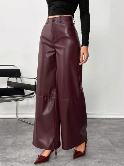 Burgundy faux-leather pants with button placket at SHEIN