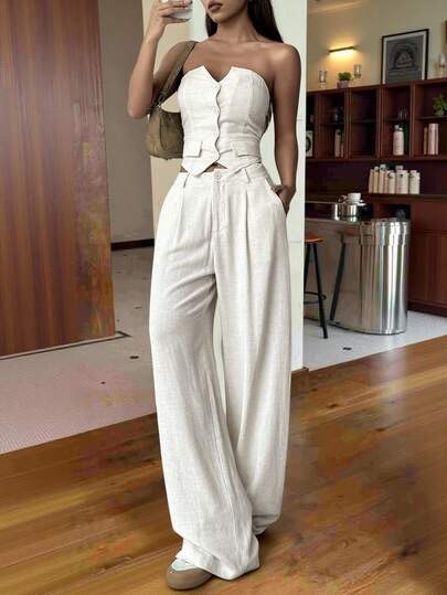 Cream high-waist wide-leg linen-look pants and tube top set at SHEIN