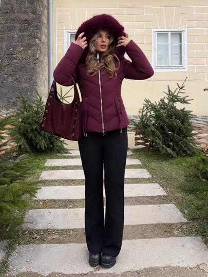 Burgundy diamond-quilted puffer jacket with faux-fur trimmed hood at SHEIN