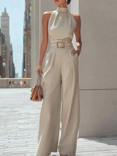 Beige halter top and wide-leg pleated trousers two-piece set at SHEIN