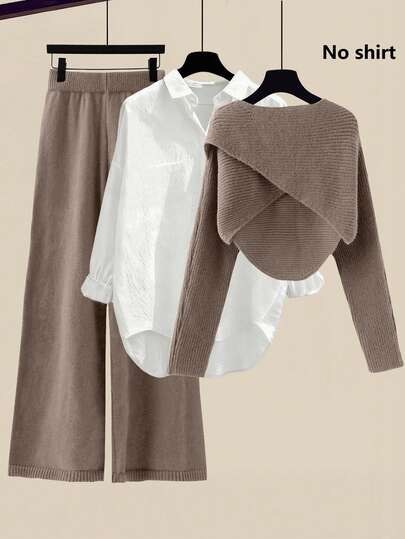 Mokka-Strickset mit Wickel-Pullover bei SHEIN
