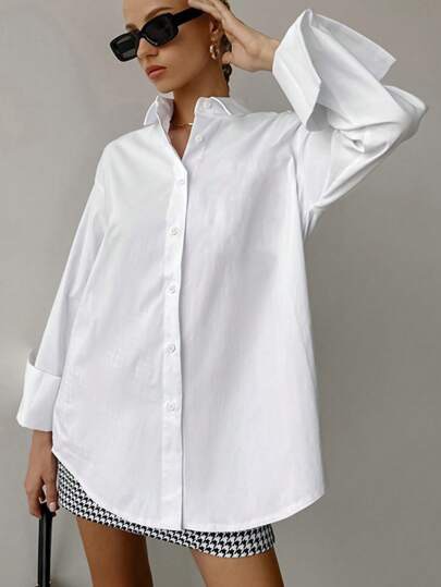 White long-sleeve collared shirt at SHEIN