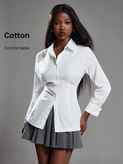 Fitted white cotton poplin button-down shirt at SHEIN