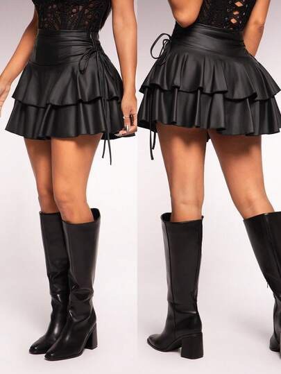 Black tiered ruffle faux-leather mini skirt at SHEIN
