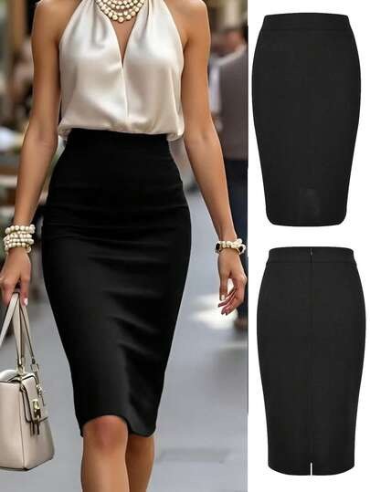 Black high-waist stretch pencil skirt with a back zip at SHEIN