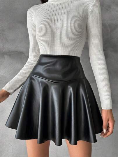 Black faux-leather flared skater mini skirt with high waist at SHEIN
