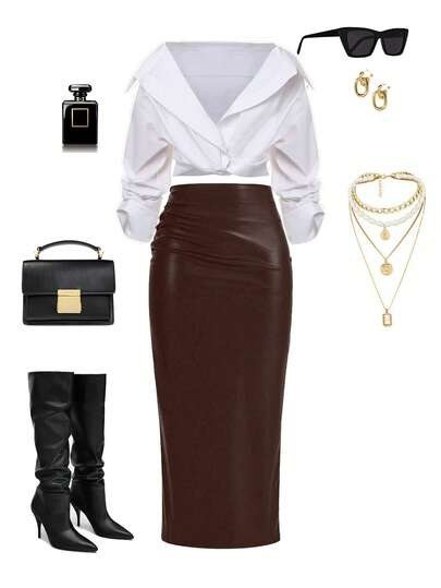 Chocolate brown ruched PU leather-look pencil skirt at SHEIN