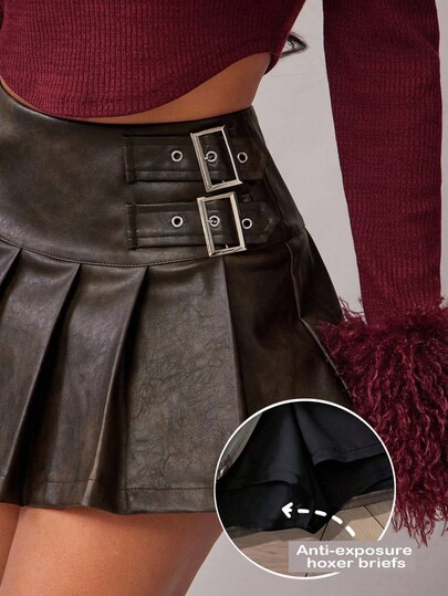 Dark brown faux-leather pleated mini skirt with belt at SHEIN