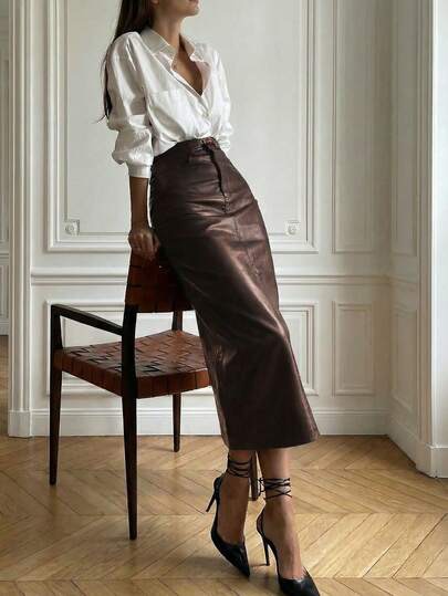 Brown faux-leather high-waisted bodycon midi skirt at SHEIN
