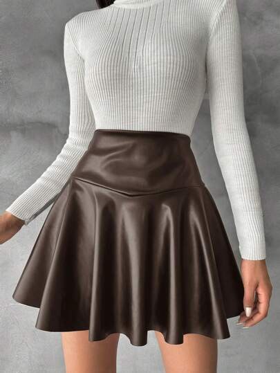 Brown faux-leather high-waisted flared mini skirt at SHEIN