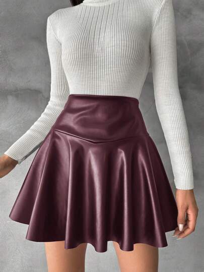 Burgundy faux-leather A-line flared mini skirt at SHEIN