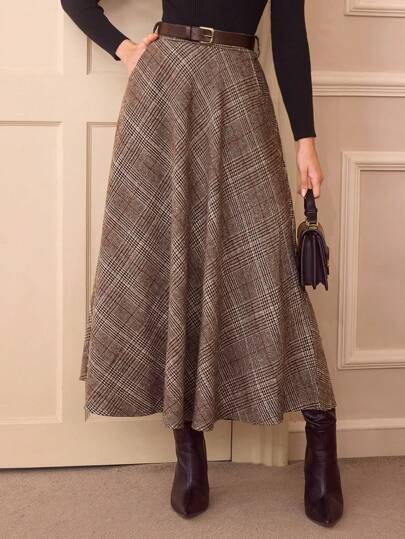 Burgundy-and-brown plaid A-line maxi skirt at SHEIN