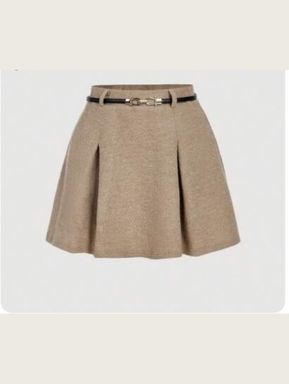 Tan high-waisted pleated mini skirt with metal belt at SHEIN