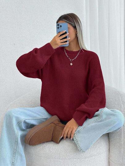 Bordeaux solid round-neck drop-shoulder chunky pullover sweater at SHEIN