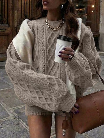 Oversized coffee-brown chunky cable-knit crewneck sweater at SHEIN