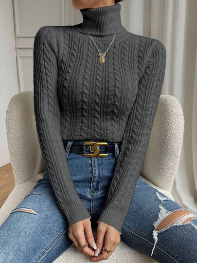 Fitted grey cable-knit turtleneck long-sleeve sweater at SHEIN