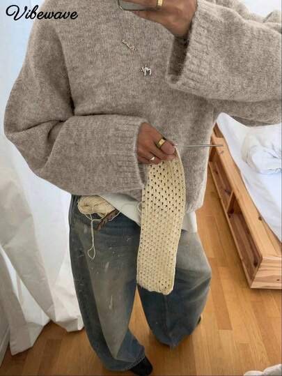 Light grey oversized dropped-shoulder knit sweater at SHEIN