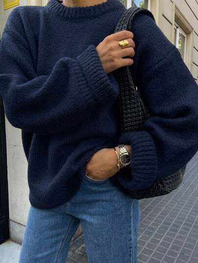 Oversized navy blue chunky drop-shoulder knit sweater at SHEIN