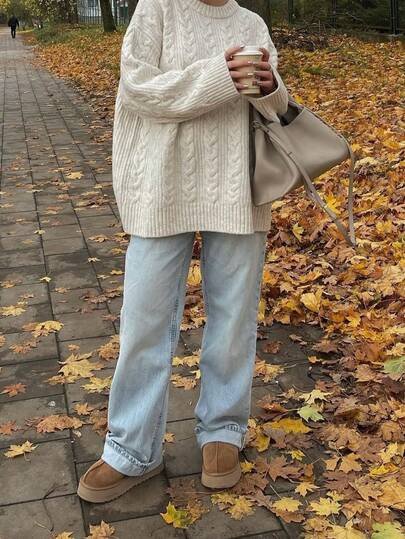 Oversized cream cable-knit boyfriend crewneck sweater at SHEIN