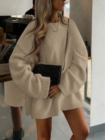 Cream oversized Y2K round-neck knit sweater at SHEIN