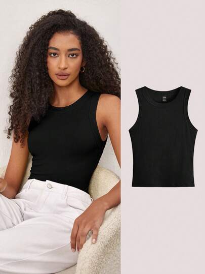 Black fitted ribbed tank top at SHEIN