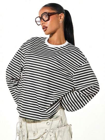 Black and white Breton striped oversized long-sleeve tee at SHEIN