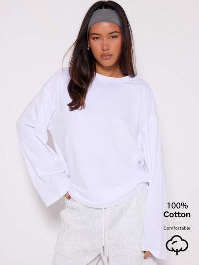 White loose long-sleeve cotton top at SHEIN