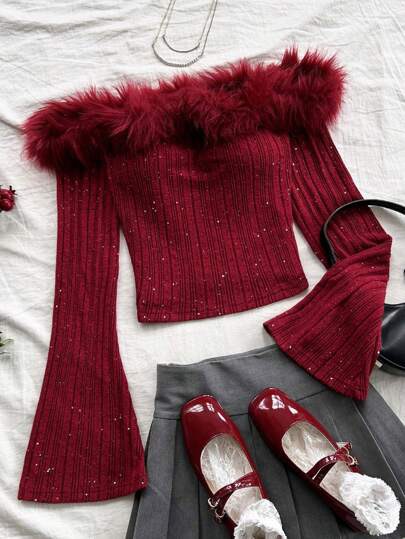 Burgundy fuzzy off-shoulder blouse with rhinestone trim at SHEIN