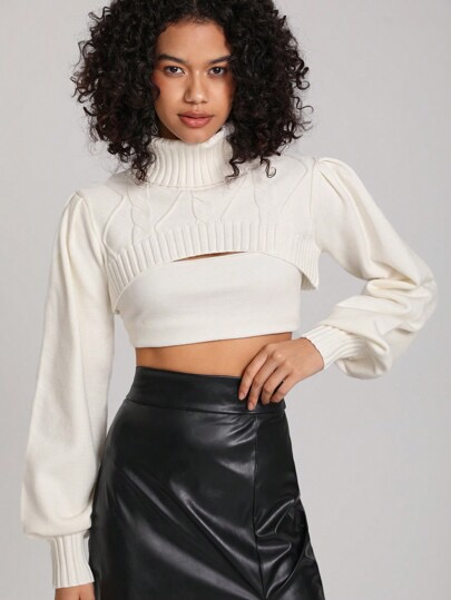 Cream cable-knit cutout crop turtleneck sweater at SHEIN