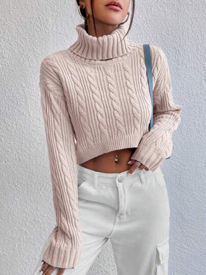 Taupe cable-knit rollneck drop-shoulder crop sweater at SHEIN