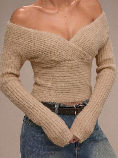 Taupe wrap cross-front off-shoulder ribbed sweater at SHEIN