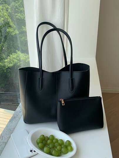 Large black shopper tote bag at SHEIN