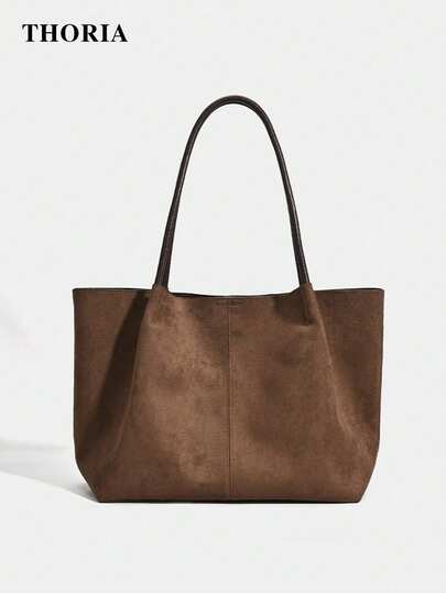 Brown suede shoulder tote bag at SHEIN