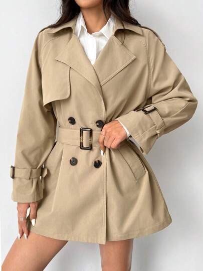 Beige khaki oversized short trench coat with shoulder tabs at SHEIN