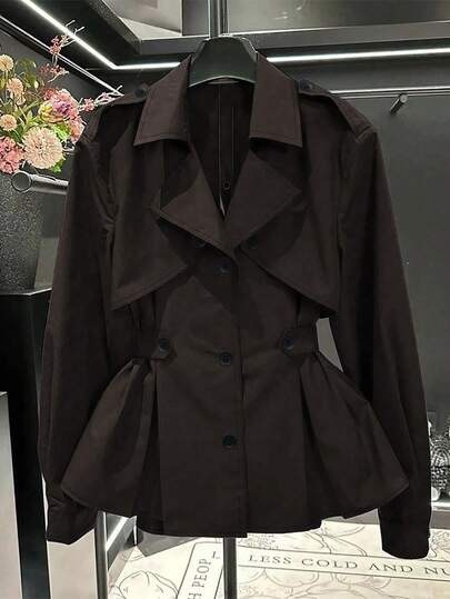 Dark chocolate-brown trench jacket with a cinched waist and peplum hem at SHEIN