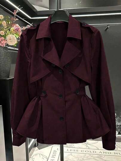 Burgundy trench jacket with a cinched waist and peplum hem at SHEIN