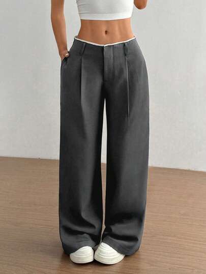 Anthracite pleated high-waisted wide-leg trousers at SHEIN